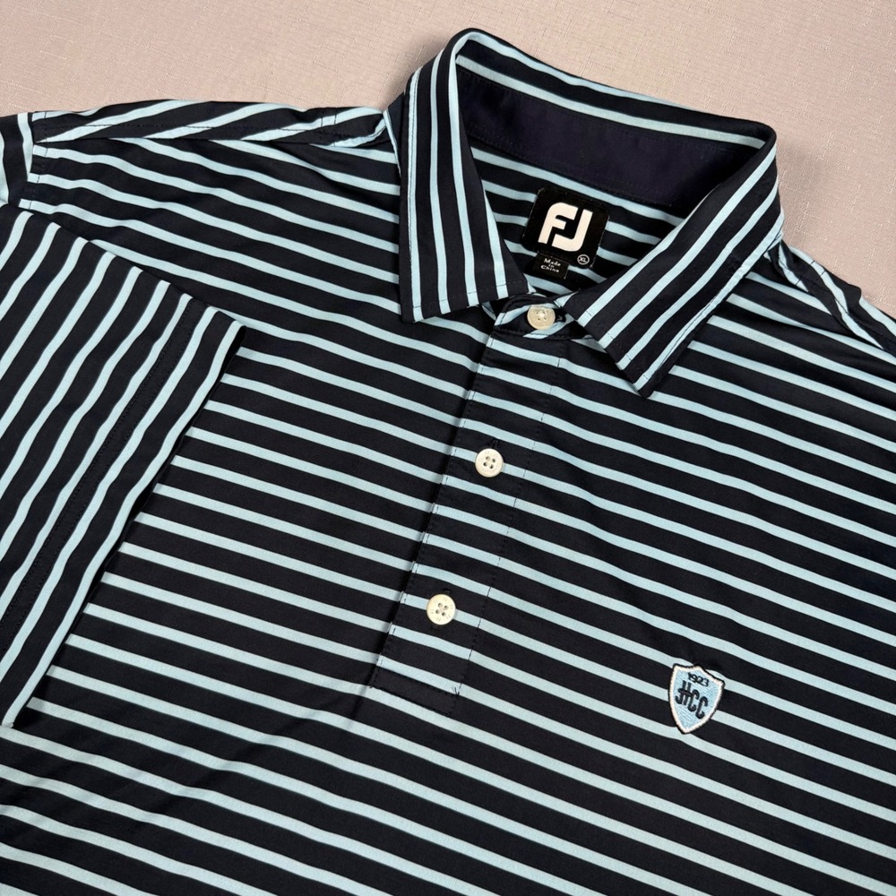FootJoy Mens XL Navy Blue Striped Performance Golf Polo Shirt HCC 1923 Logo